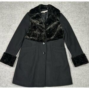 Vtg Kenneth Cole Coat Womens 10 Black Wool Blend Y2K 90s Faux Fur Penny Lane